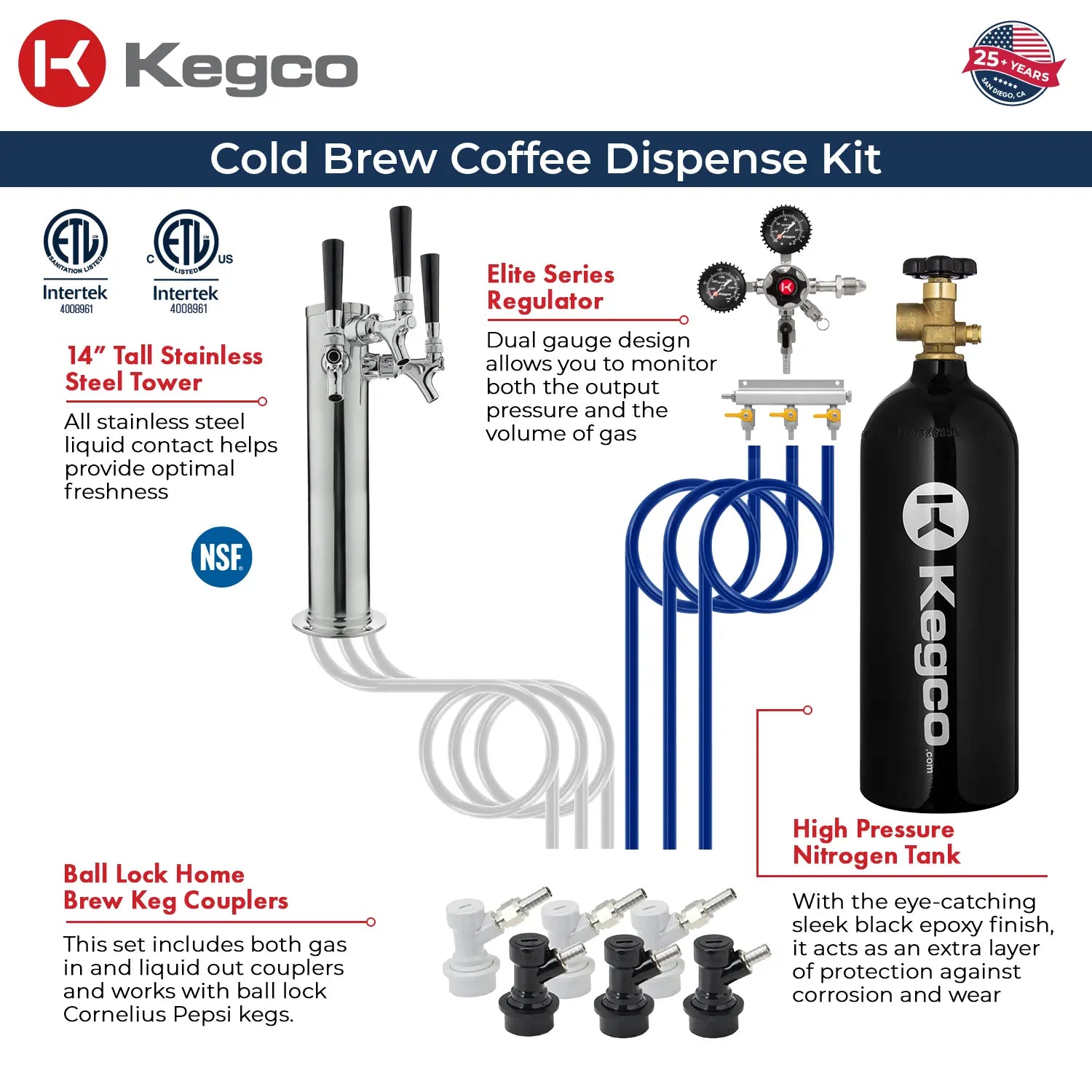 Kegco 24" Wide Cold Brew Coffee Triple Tap Black Commercial Built-In Right Hinge Kegerator-Indoor