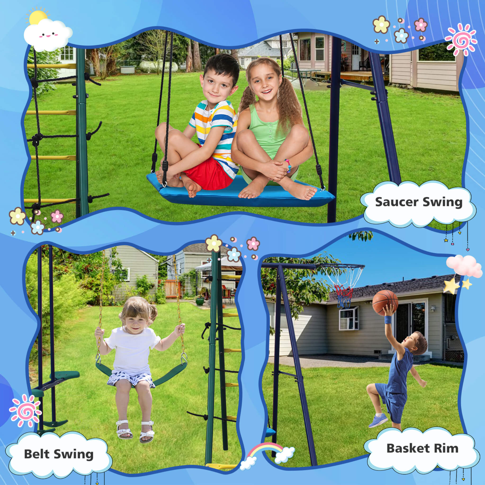 6-In-1 Outdoor Swing Set With Climbing Ladder Net And Basketball Hoop (SAK98152)