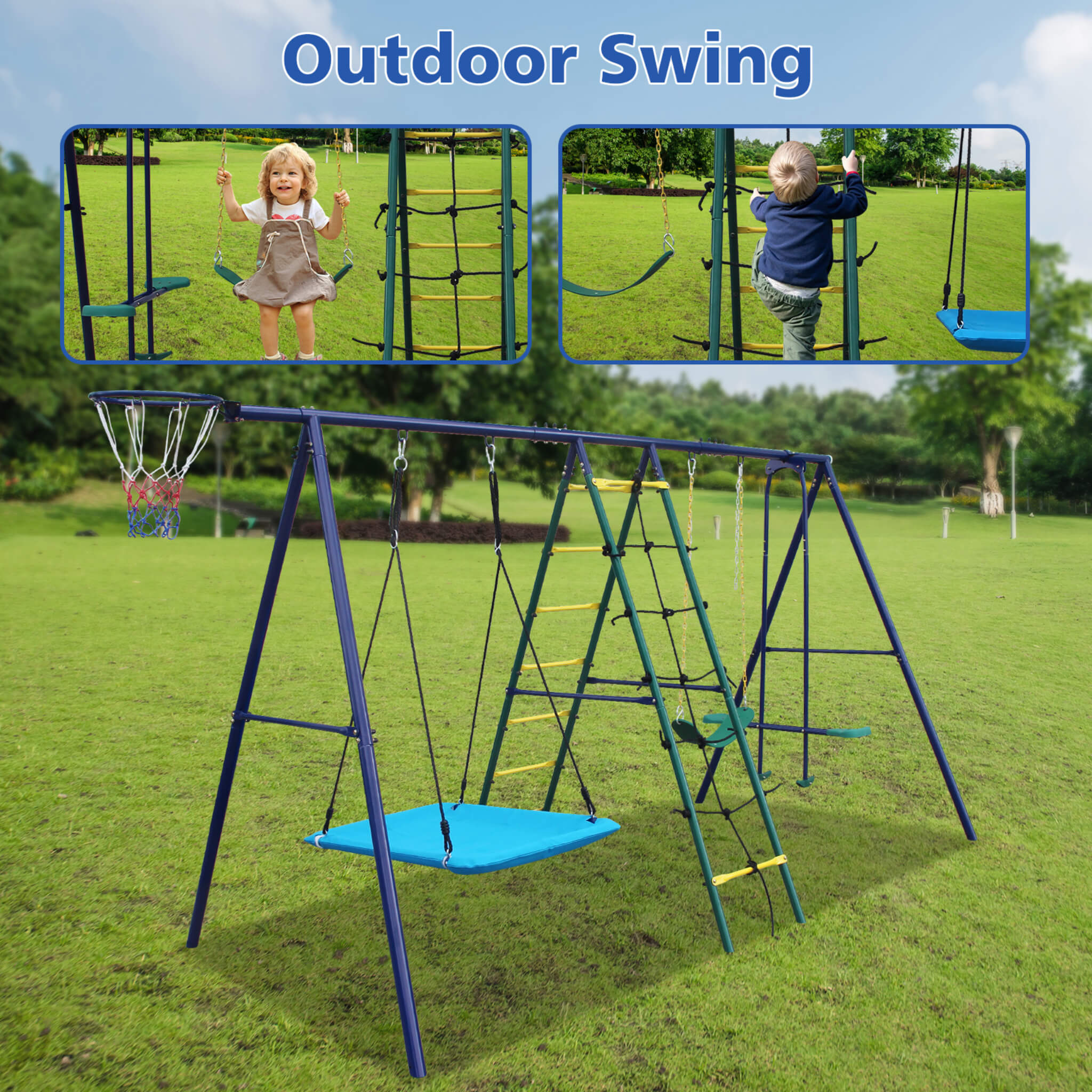 6-In-1 Outdoor Swing Set With Climbing Ladder Net And Basketball Hoop (SAK98152)