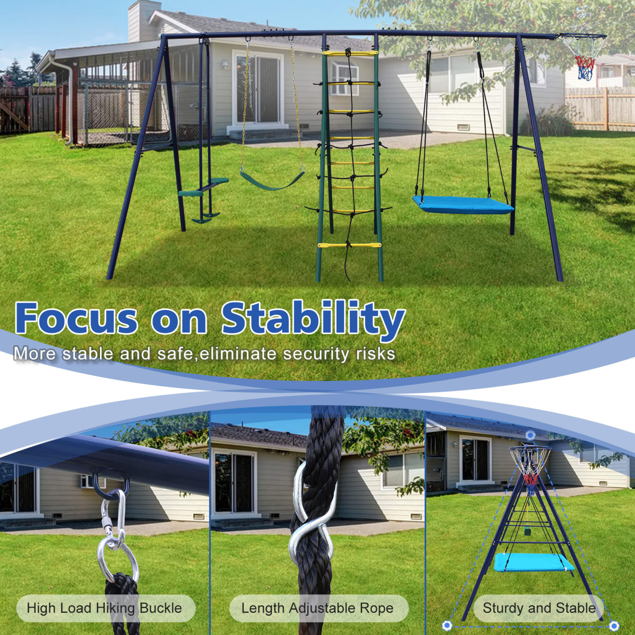 6-In-1 Outdoor Swing Set With Climbing Ladder Net And Basketball Hoop (SAK98152)