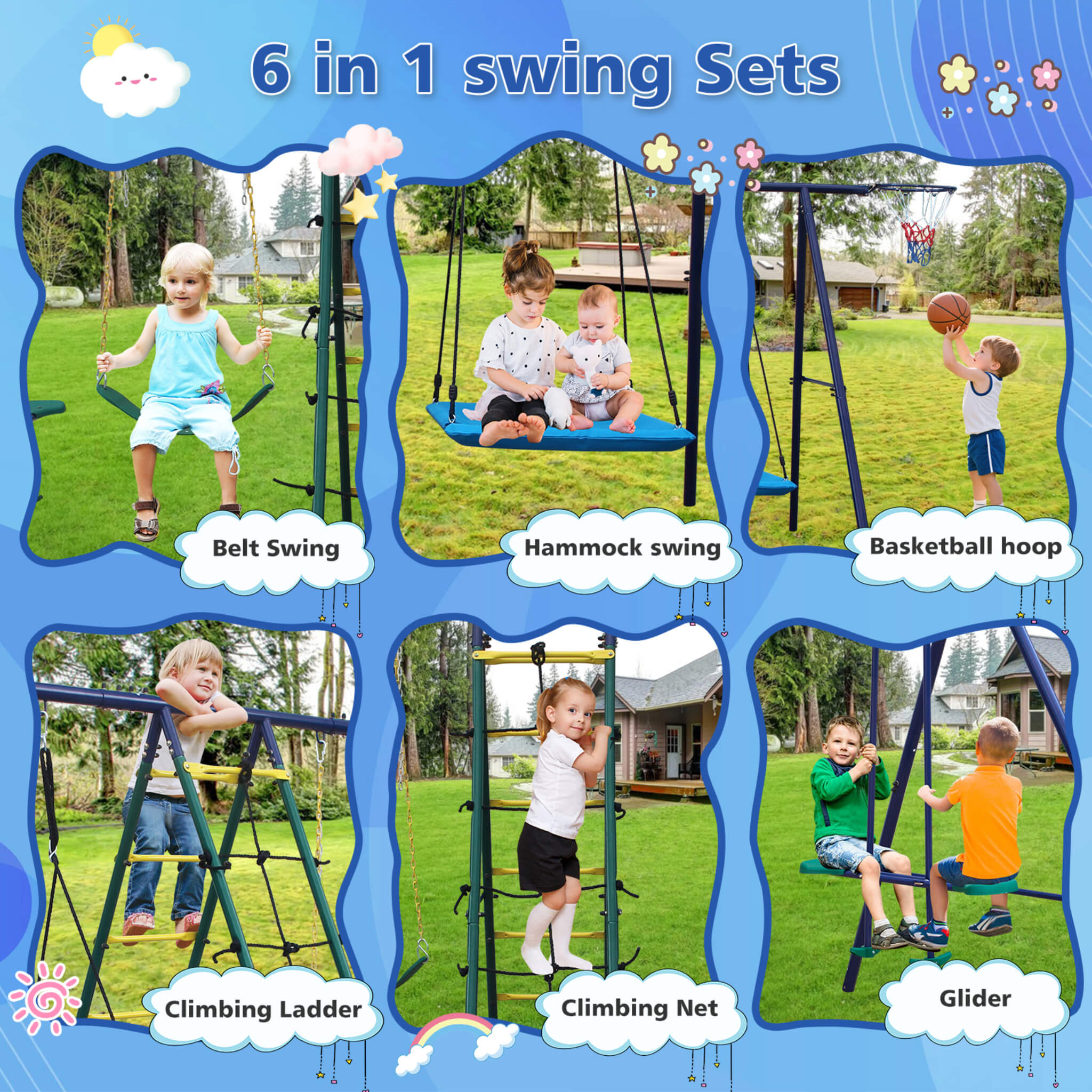 6-In-1 Outdoor Swing Set With Climbing Ladder Net And Basketball Hoop (SAK98152)