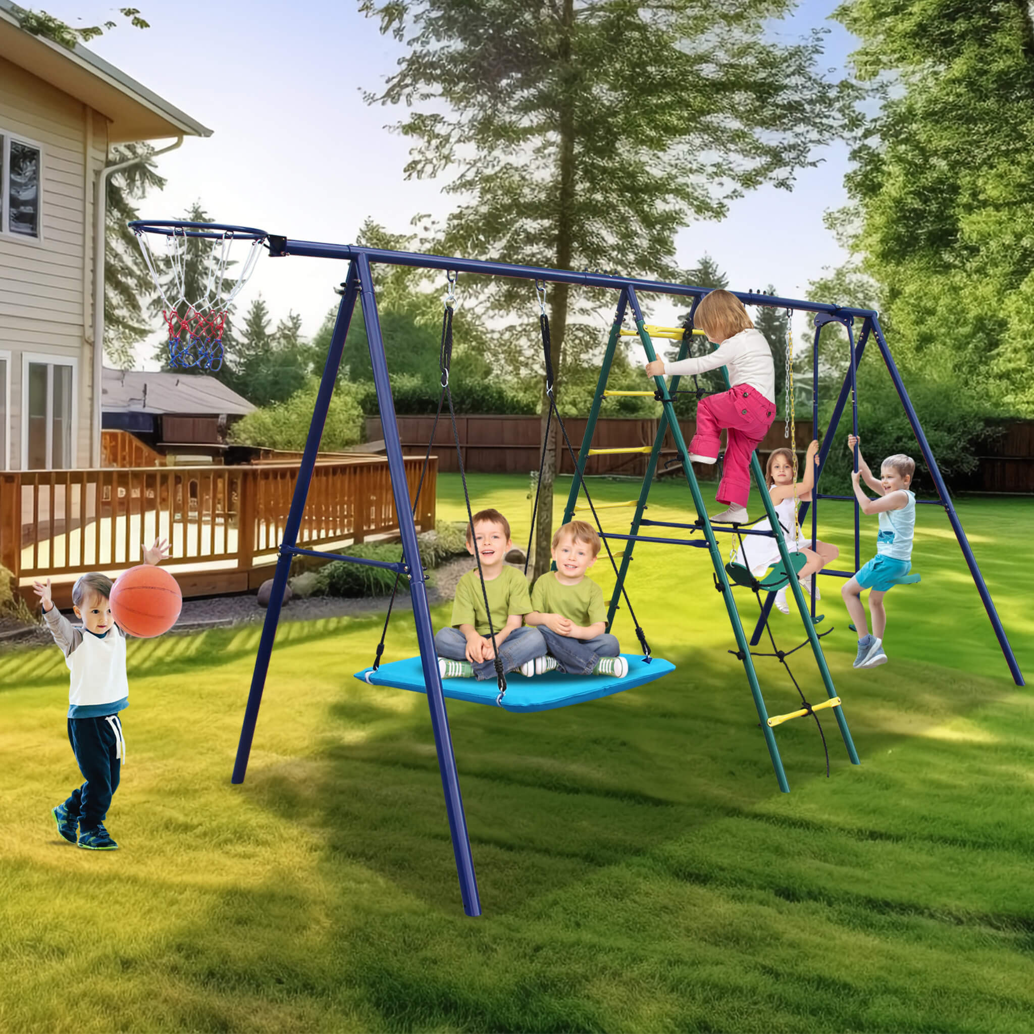 6-In-1 Outdoor Swing Set With Climbing Ladder Net And Basketball Hoop (SAK98152)