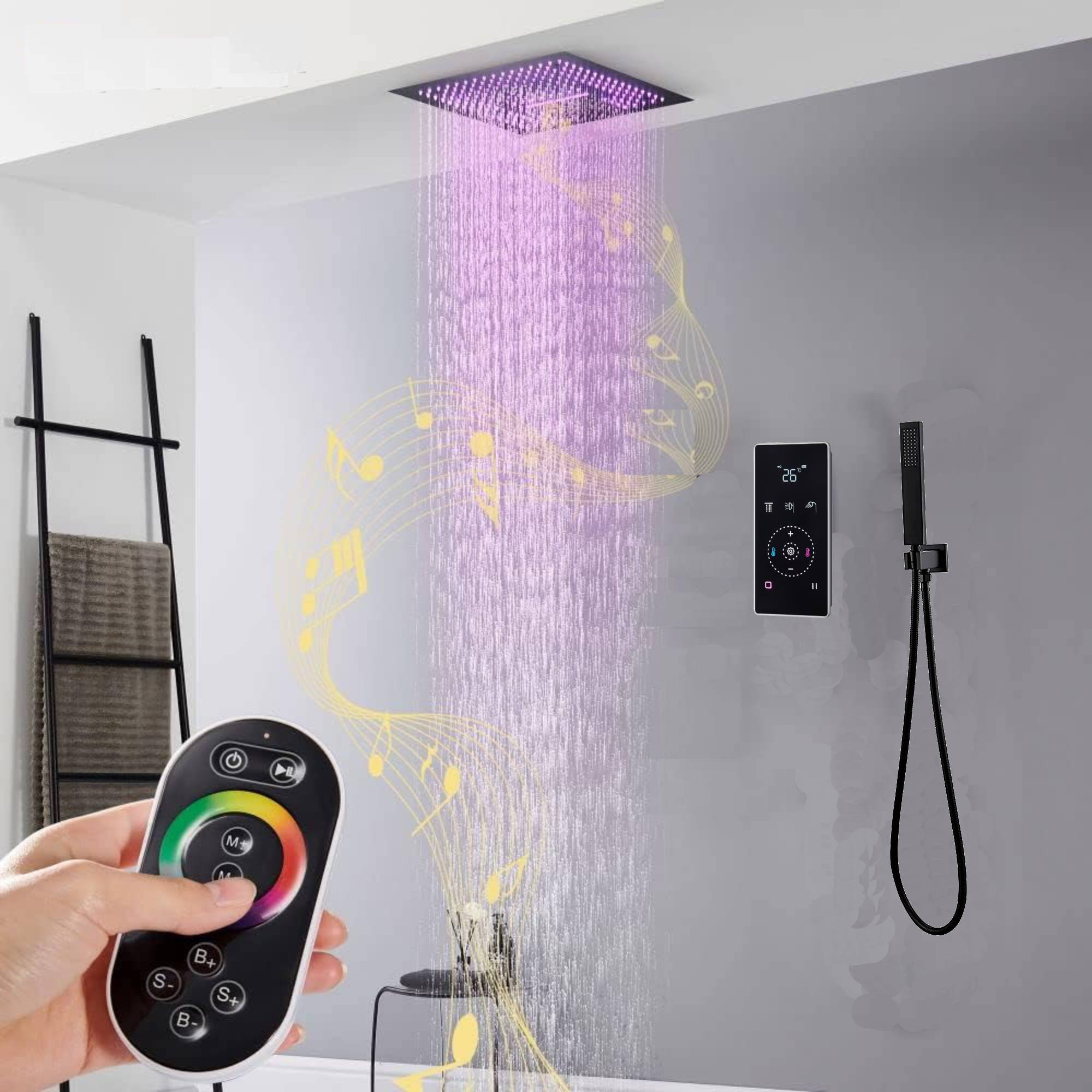 16" LED Chrome/Matte Black/Brushed Gold/Nickel Shower Head with 3-Way Thermostatic Valve, LED Display, 6 Body Jets