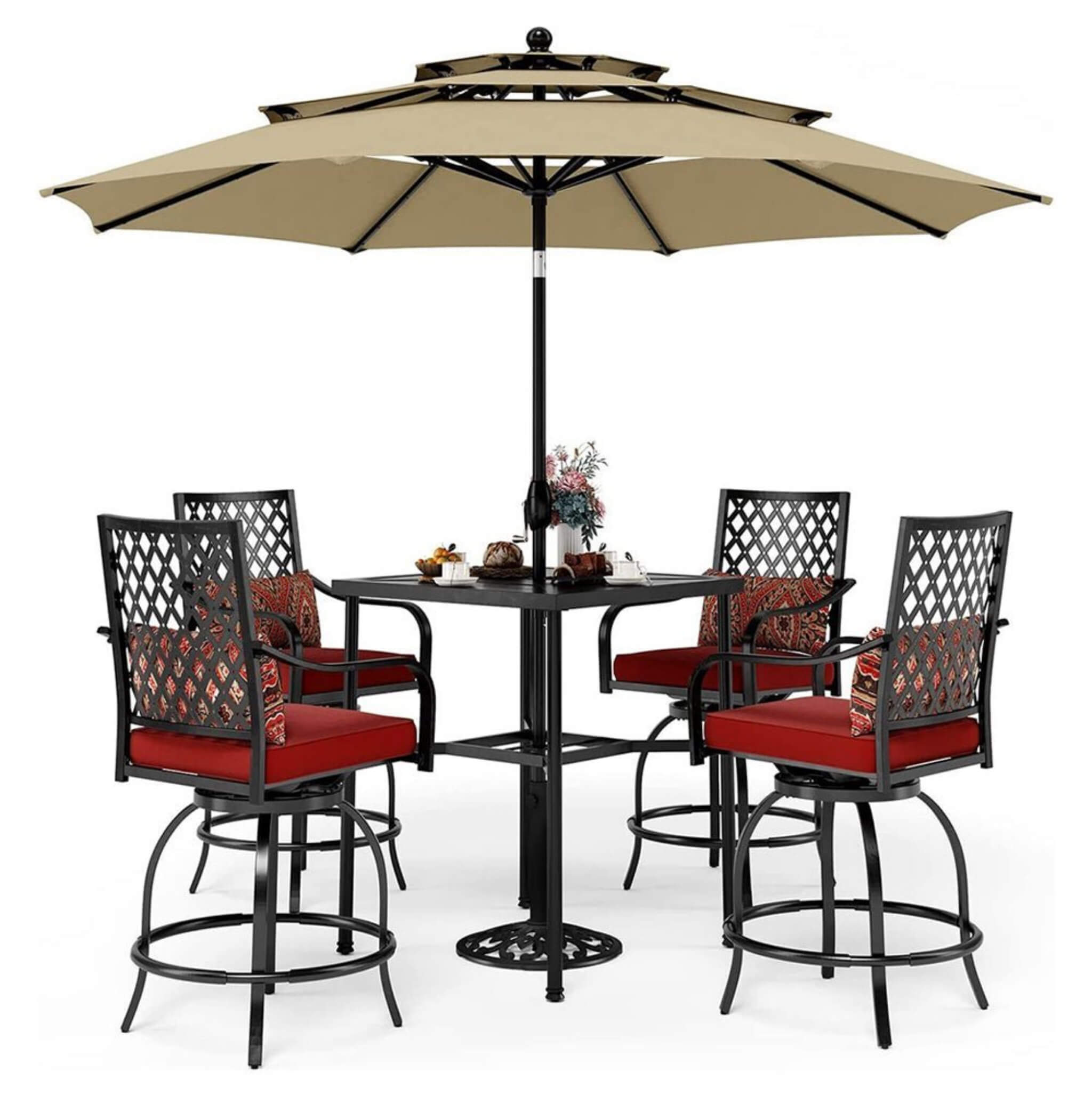 Alora 6-Piece Outdoor Patio Bar Set Dining Table With Umbrella & Swivel Bar Stools (SAK53218)