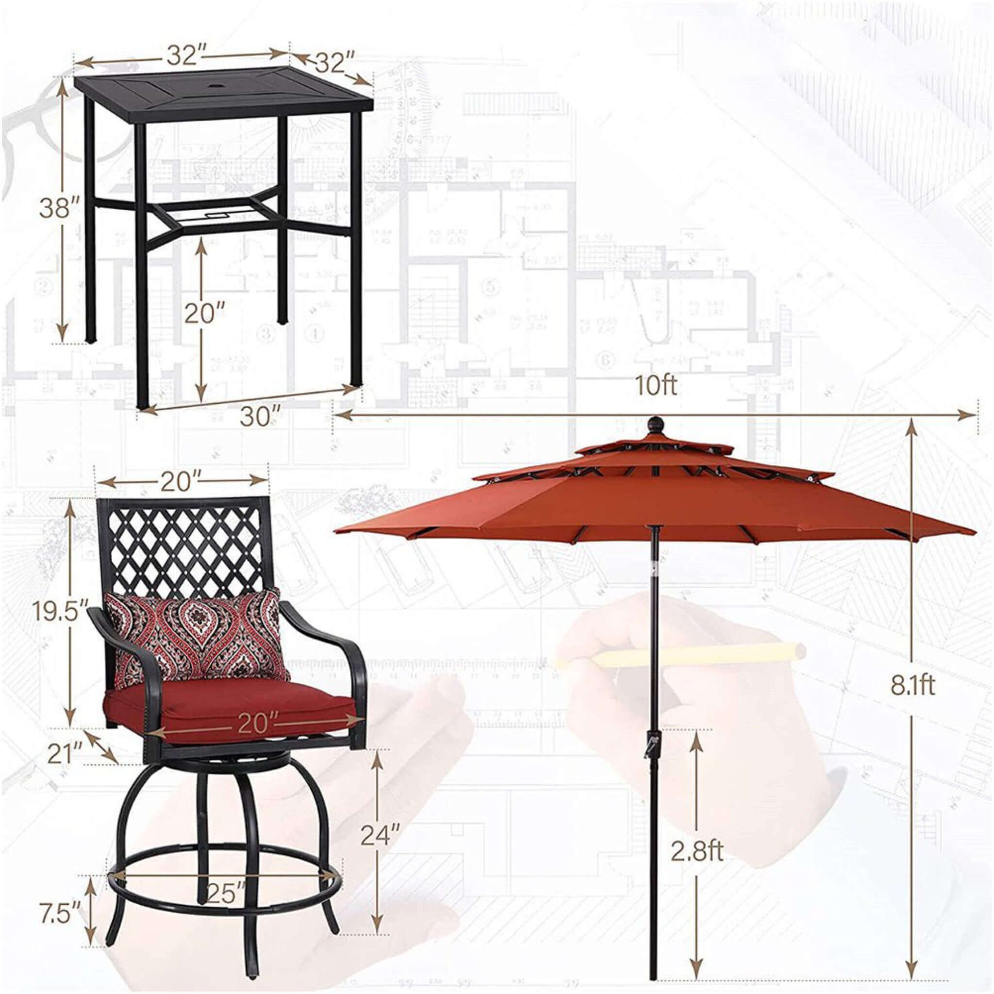 Alora 6-Piece Outdoor Patio Bar Set Dining Table With Umbrella & Swivel Bar Stools (SAK53218)