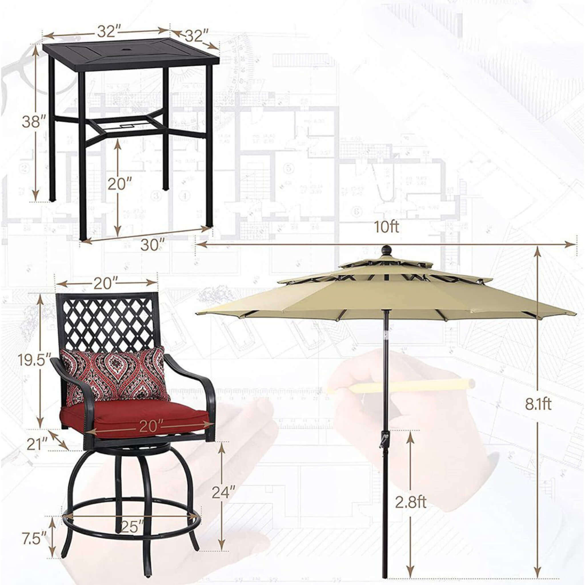 Alora 6-Piece Outdoor Patio Bar Set Dining Table With Umbrella & Swivel Bar Stools (SAK53218)