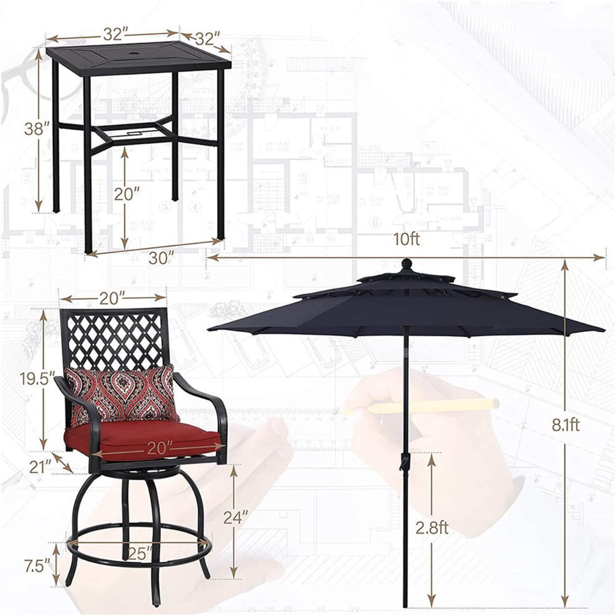 Alora 6-Piece Outdoor Patio Bar Set Dining Table With Umbrella & Swivel Bar Stools (SAK53218)
