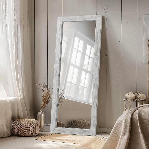 MELOMOIR Rustic Farmhouse Full Length Mirror, Wood Floor Mirror, Free Standing, Long for Bedroom, Living Room, Cloakroom, Weathering White