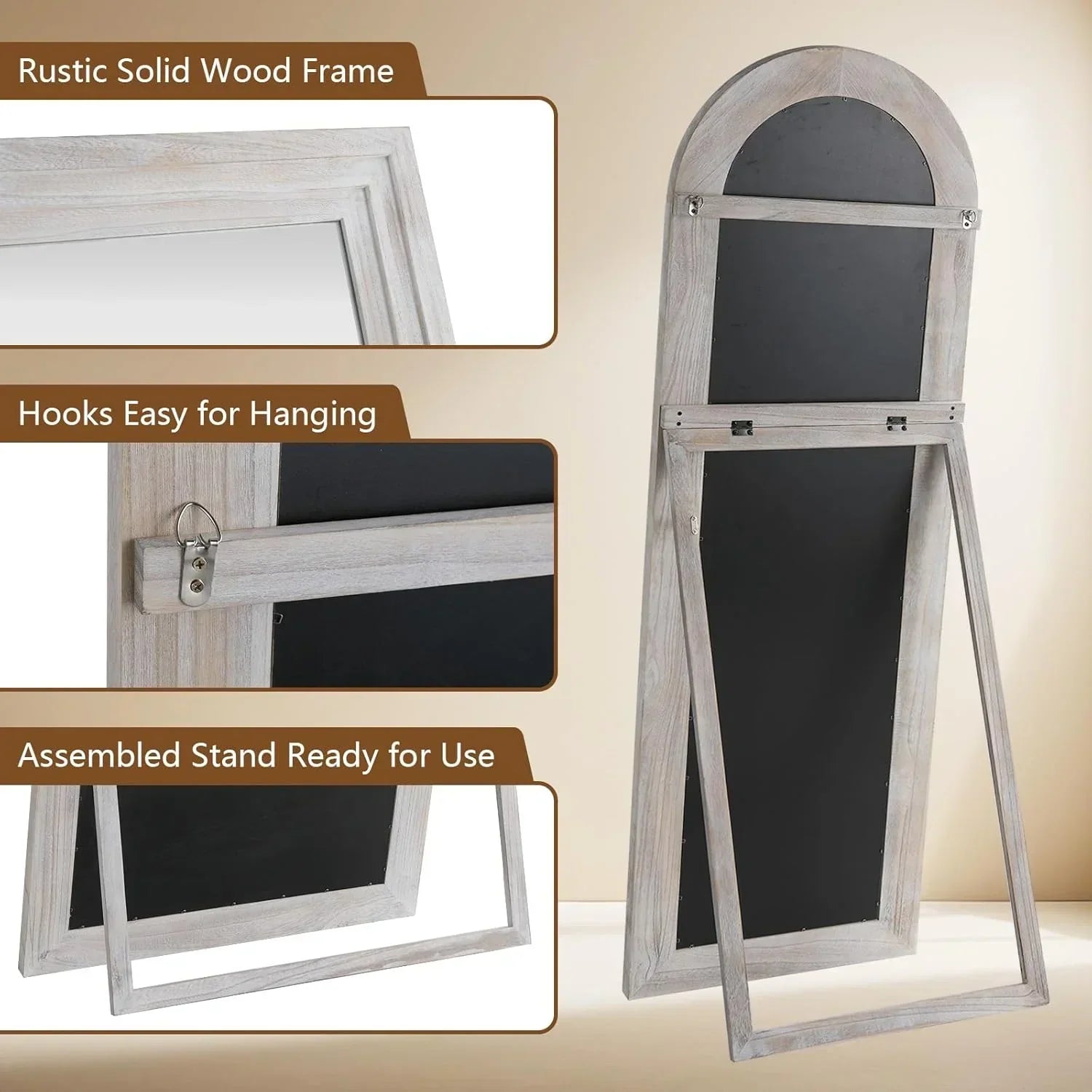 MELOMOIR Arched Full Length Mirror with Solid Wood Frame, Rustic Farmhouse Floor Mirror with Stand, Free Standing Leaning Hanging, for Bedroom Living Room Dressing Room