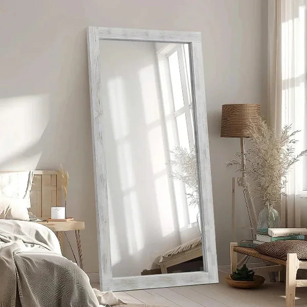 MELOMOIR Rustic Farmhouse Full Length Mirror, Wood Floor Mirror, Free Standing, Long for Bedroom, Living Room, Cloakroom, Weathering White