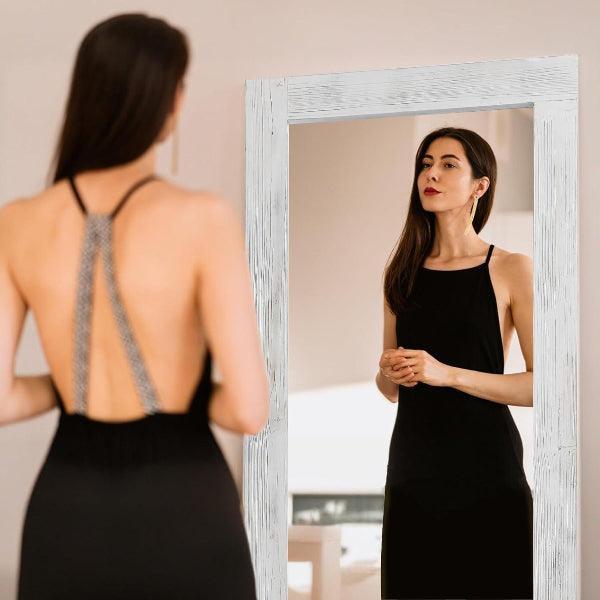 MELOMOIR Rustic Farmhouse Full Length Mirror, Wood Floor Mirror, Free Standing, Long for Bedroom, Living Room, Cloakroom, Weathering White