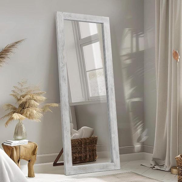 MELOMOIR Rustic Farmhouse Full Length Mirror, Wood Floor Mirror, Free Standing, Long for Bedroom, Living Room, Cloakroom, Weathering White