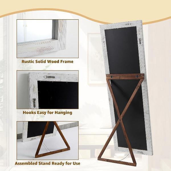 MELOMOIR Rustic Farmhouse Full Length Mirror, Wood Floor Mirror, Free Standing, Long for Bedroom, Living Room, Cloakroom, Weathering White