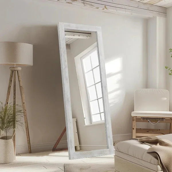 MELOMOIR Rustic Farmhouse Full Length Mirror, Wood Floor Mirror, Free Standing, Long for Bedroom, Living Room, Cloakroom, Weathering White