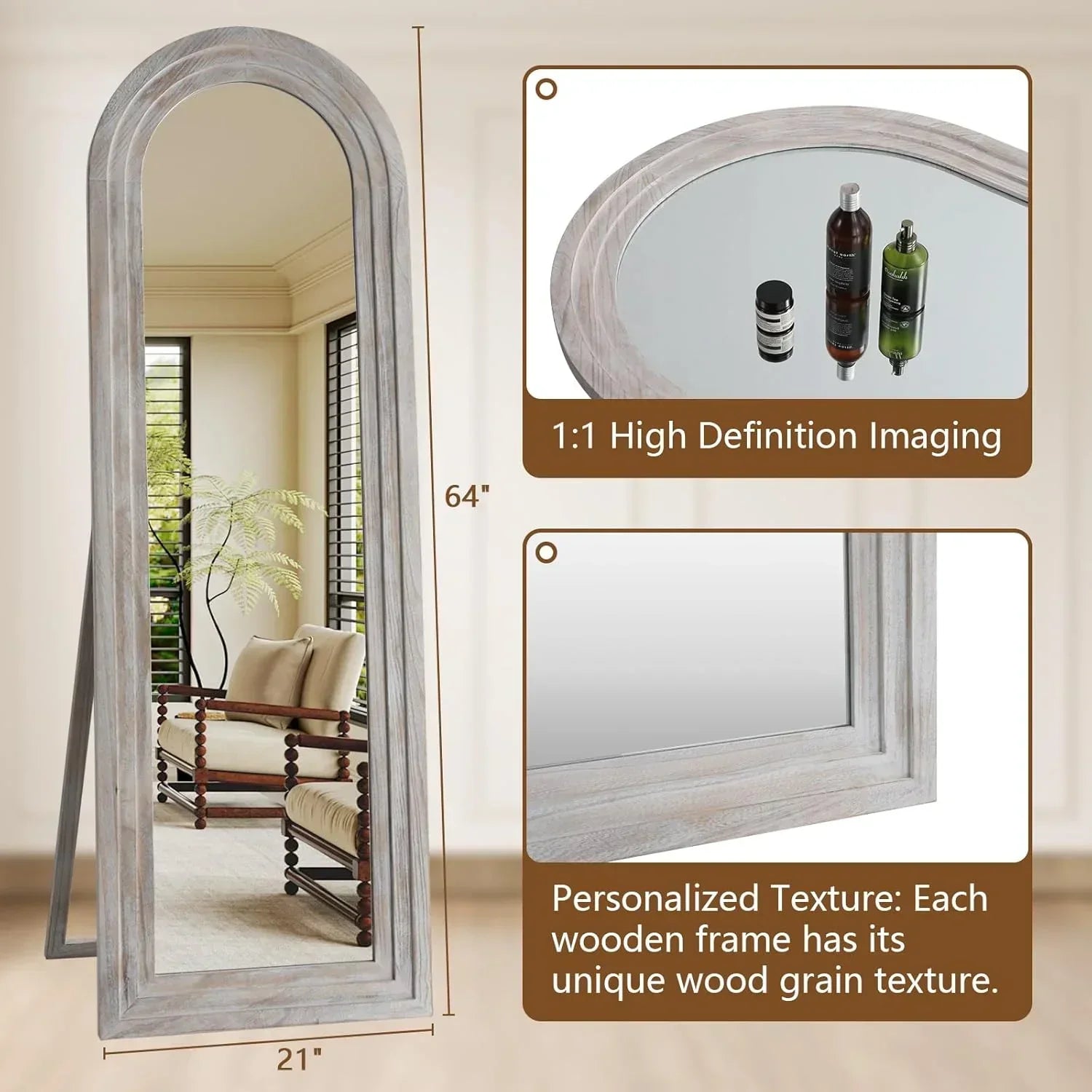 MELOMOIR Arched Full Length Mirror with Solid Wood Frame, Rustic Farmhouse Floor Mirror with Stand, Free Standing Leaning Hanging, for Bedroom Living Room Dressing Room