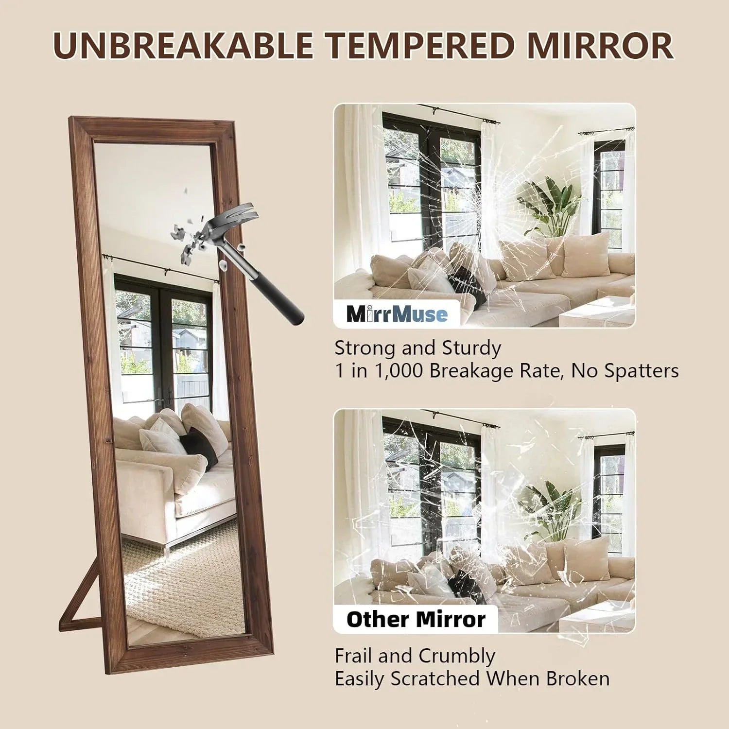 MELOMOIR Rustic Farmhouse Full Length Mirror, Wooden Floor Mirror, Leaning or Hanging, Suitable for Bedroom, Living Room, Cloakroom