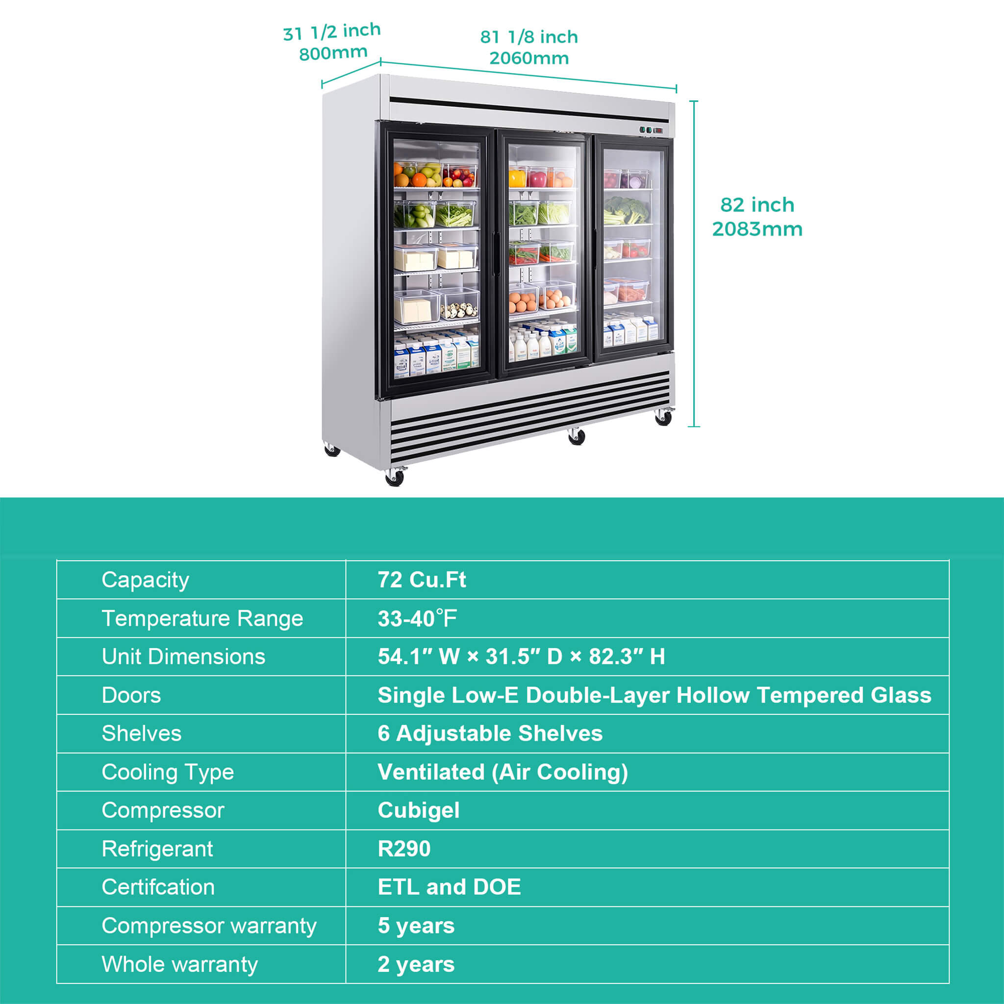 72 Cu.Ft Triple-Door Stainless Steel Commercial Reach-In Display Refrigerator (SAK26394)