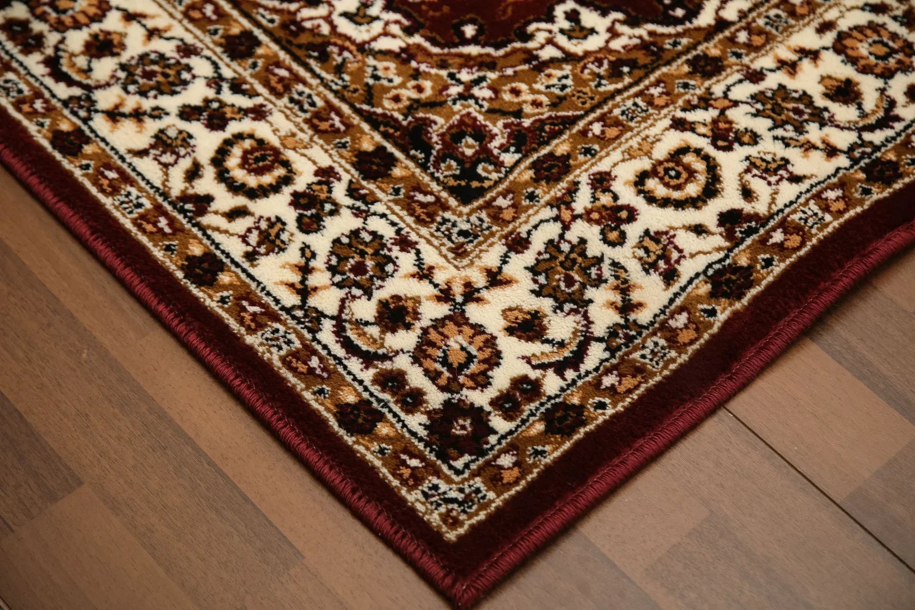 Beige and Maroon Floral Printed Rectangle Rug – 10mm Woven | Jute & Polyester Backing