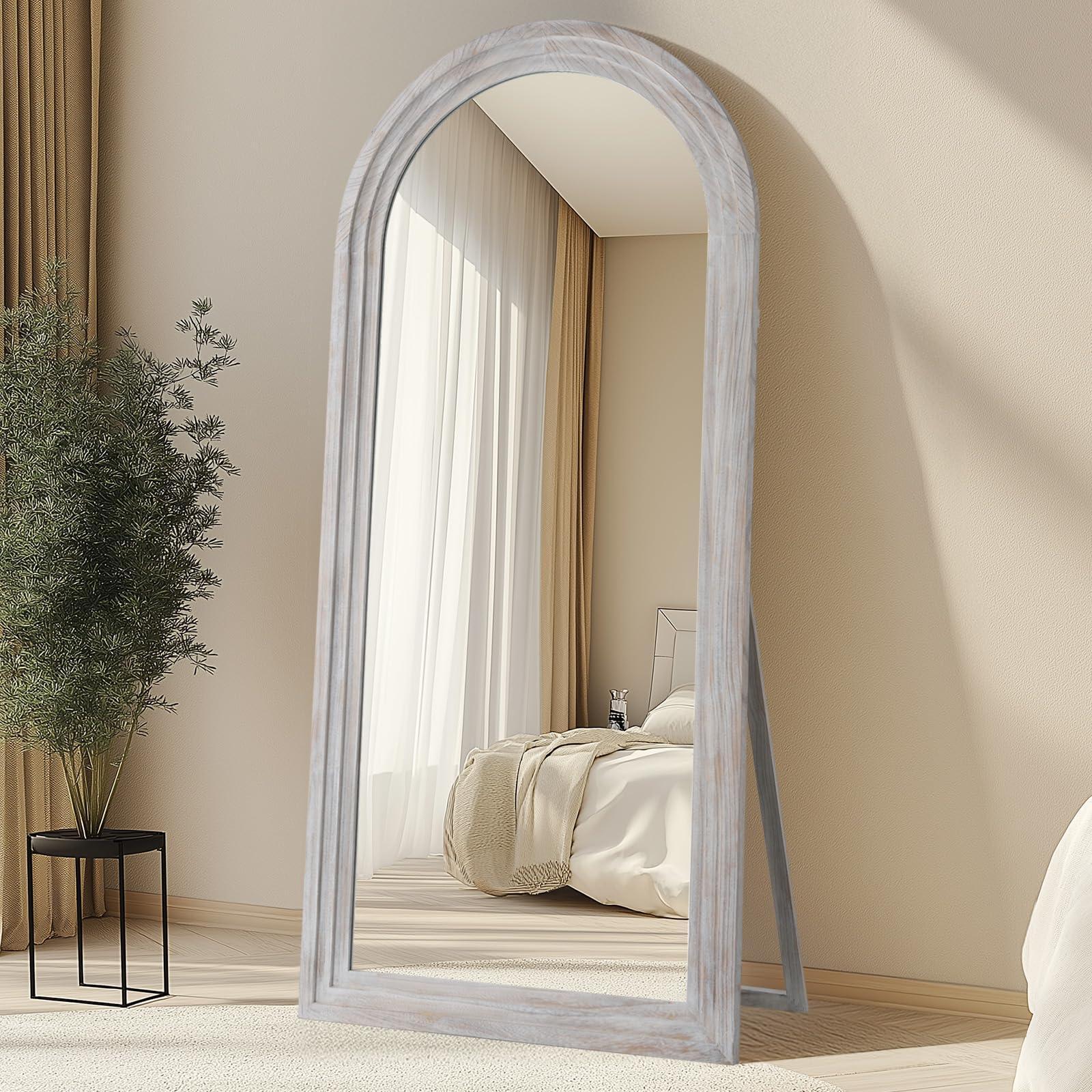 MELOMOIR Arched Full Length Mirror with Solid Wood Frame, Rustic Farmhouse Floor Mirror with Stand, Free Standing Leaning Hanging, for Bedroom Living Room Dressing Room