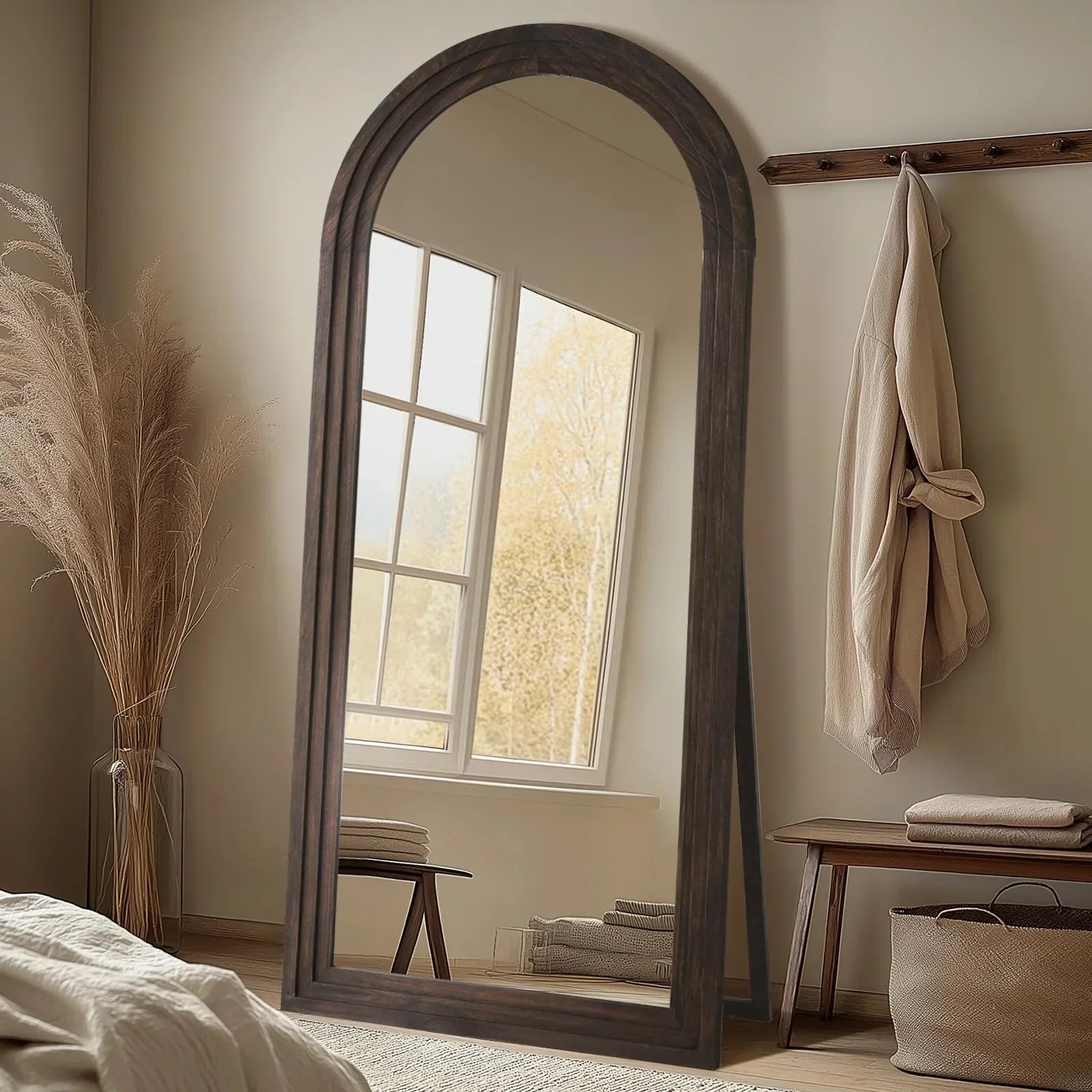 MELOMOIR Arched Full Length Mirror with Solid Wood Frame, Rustic Farmhouse Floor Mirror with Stand, Free Standing Leaning Hanging, for Bedroom Living Room Dressing Room