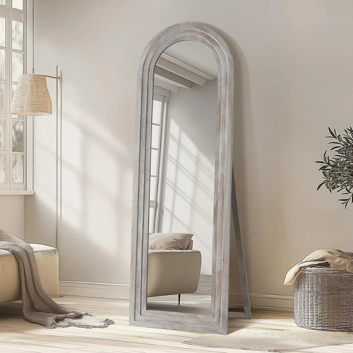 MELOMOIR Arched Full Length Mirror with Solid Wood Frame, Rustic Farmhouse Floor Mirror with Stand, Free Standing Leaning Hanging, for Bedroom Living Room Dressing Room