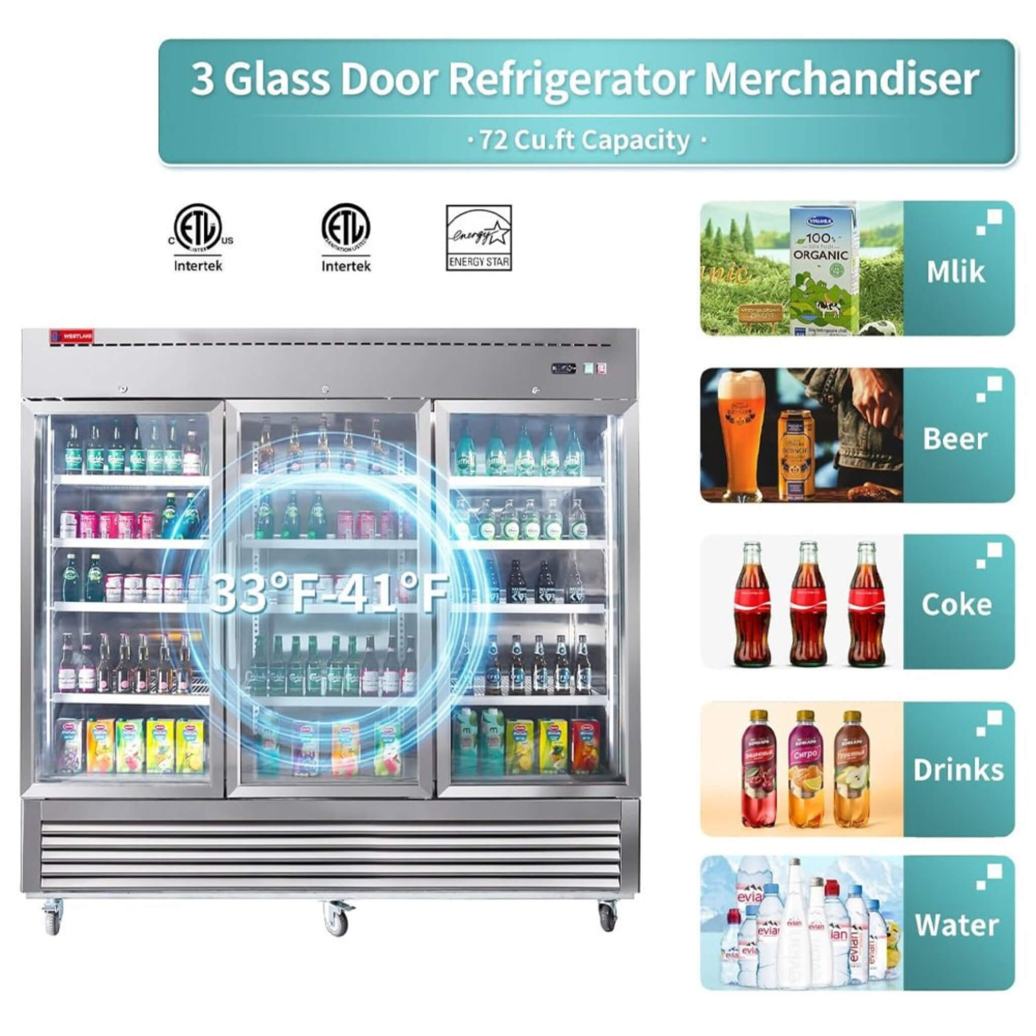 82-Inch Commercial Stainless Steel Upright Display 3 Section Merchandiser Refrigerator (SAK15724)