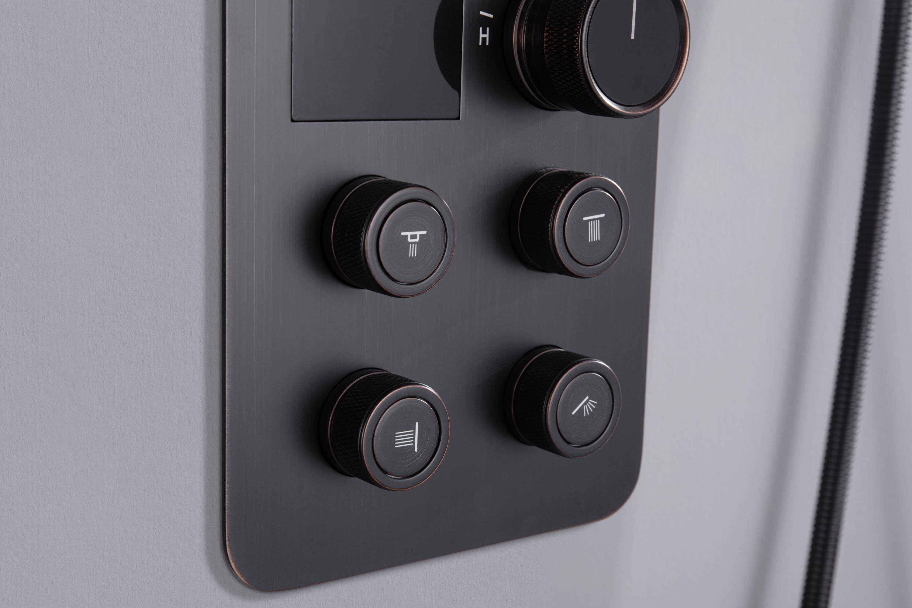 12-Inch Or 16 inch Non-LED Oil Rubbed Bronze (ORB) Ceiling-Mounted 4-Way Thermostatic Valve with Wall-Mounted 12-Inch Rain Head, Body Jets, and Dual Functionality