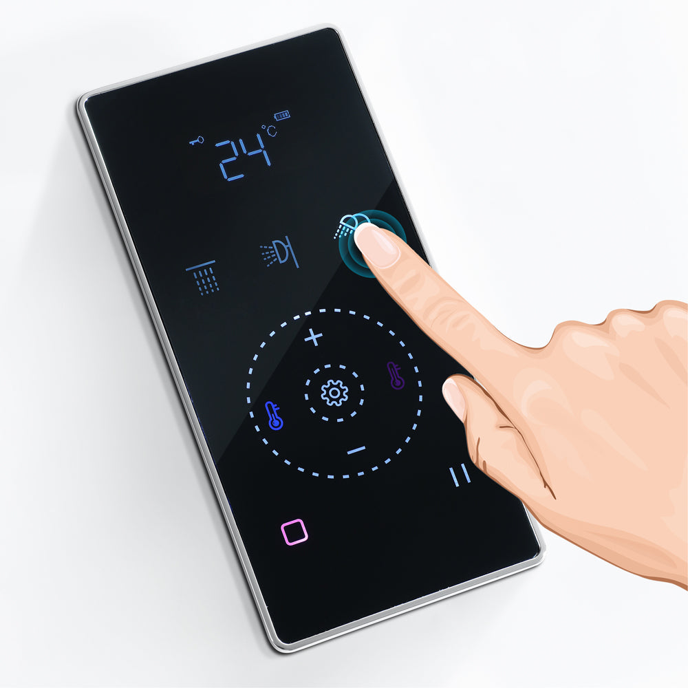 16" LED Chrome/Matte Black/Brushed Gold/Nickel Shower Head with 3-Way Thermostatic Valve, LED Display, 6 Body Jets