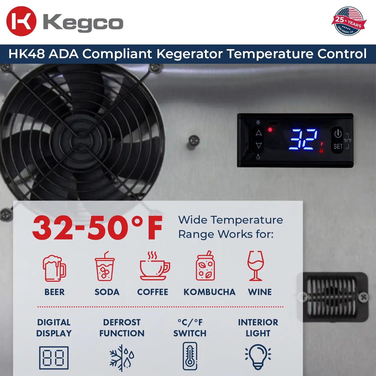 Kegco 24" Wide Dual Tap Stainless Steel Right Hinge Built-in ADA Kegerator with Kit