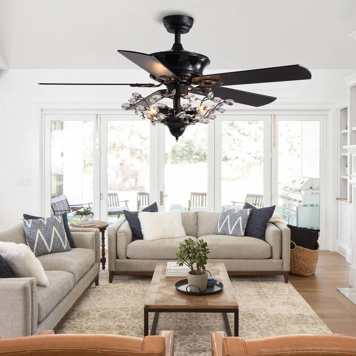 American Stye Black Crystal Follower Design Ceiling Fans With Light 110V 220V Wood Blades Remote Control Hanging Fans Lamp 52 "