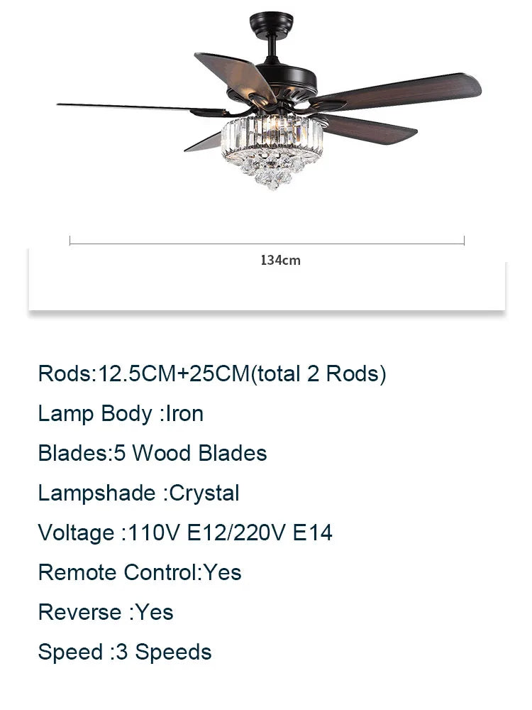 American Stye Black Crystal Follower Design Ceiling Fans With Light 110V 220V Wood Blades Remote Control Hanging Fans Lamp 52 "