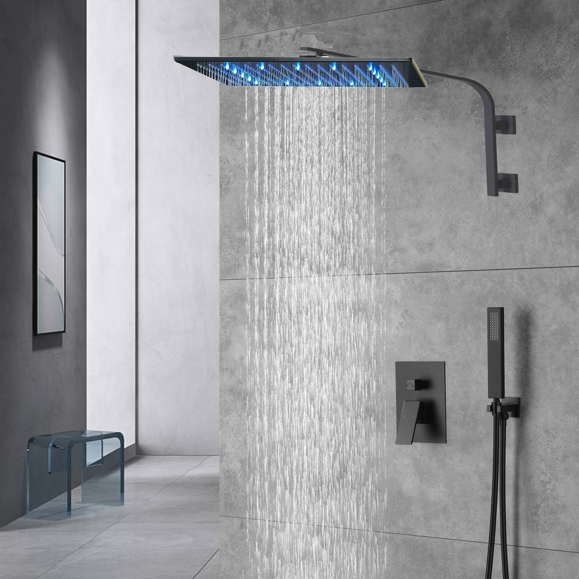 12inch 2 way Big arc Wall Mounted Matte Black Shower System with two function pressure balance Rough-in Valve Body and Trim