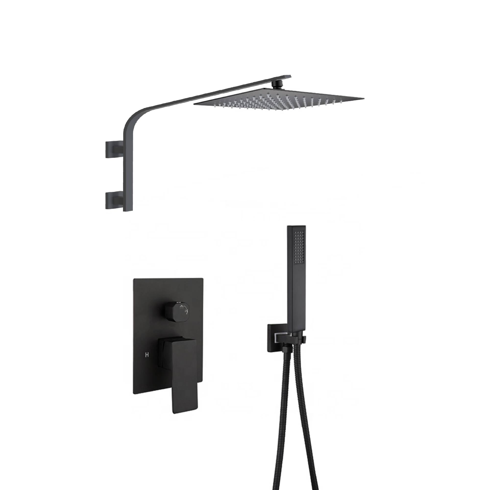 12inch 2 way Big arc Wall Mounted Matte Black Shower System with two function pressure balance Rough-in Valve Body and Trim