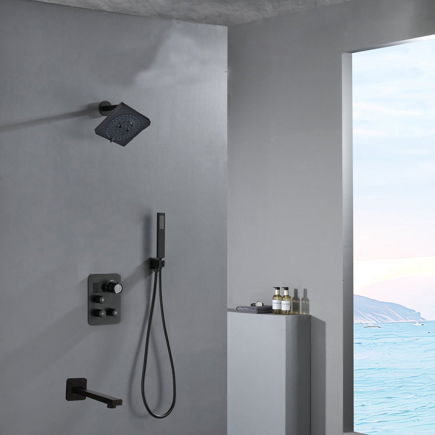 12-inch or 16-inch Wall Mount Matte Black Rain Shower Head with Thermostatic Faucet and Tub Spout - Immerse in a Blissful Shower Experience