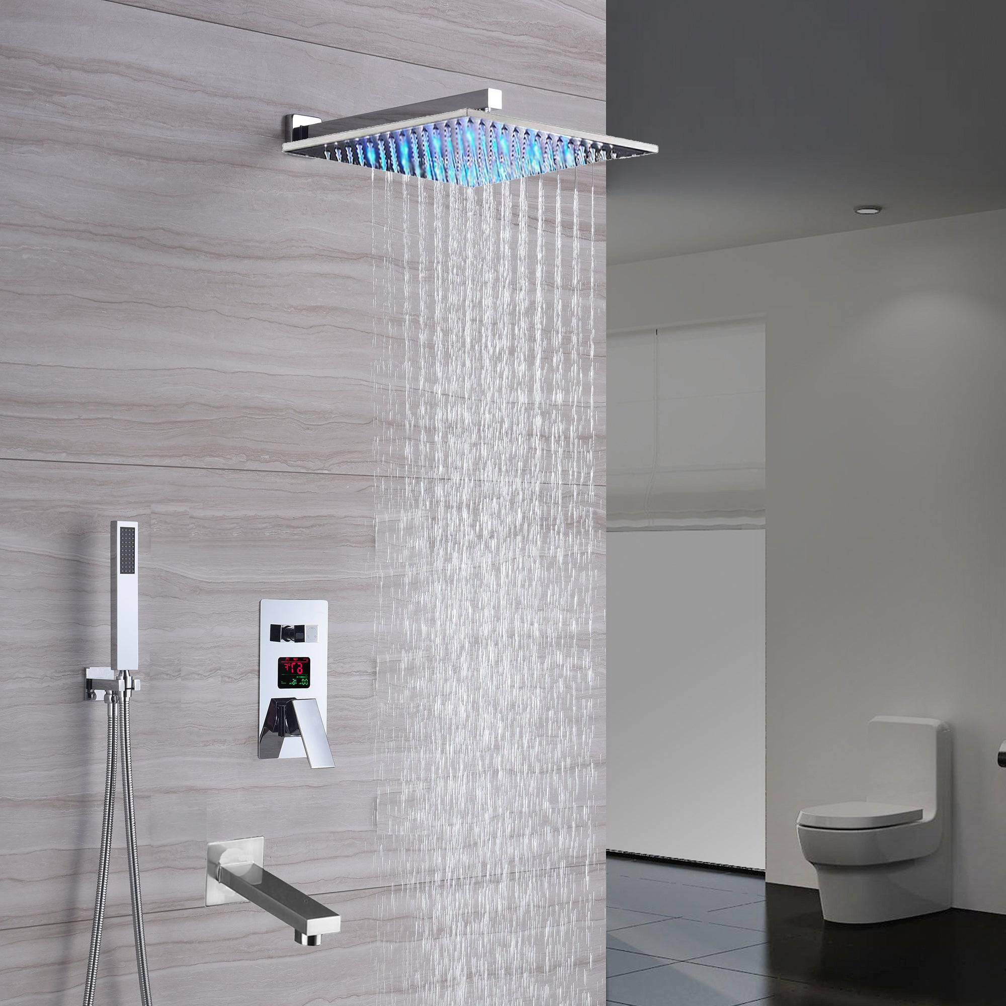 Chrome 3-Way Digital Shower System with 12" or 16" Rain Head: LED Options