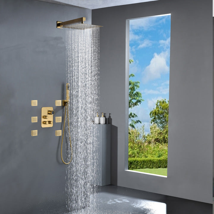 Brushed Gold Wall-Mounted 3-Way Thermostatic Shower System with Body Jets