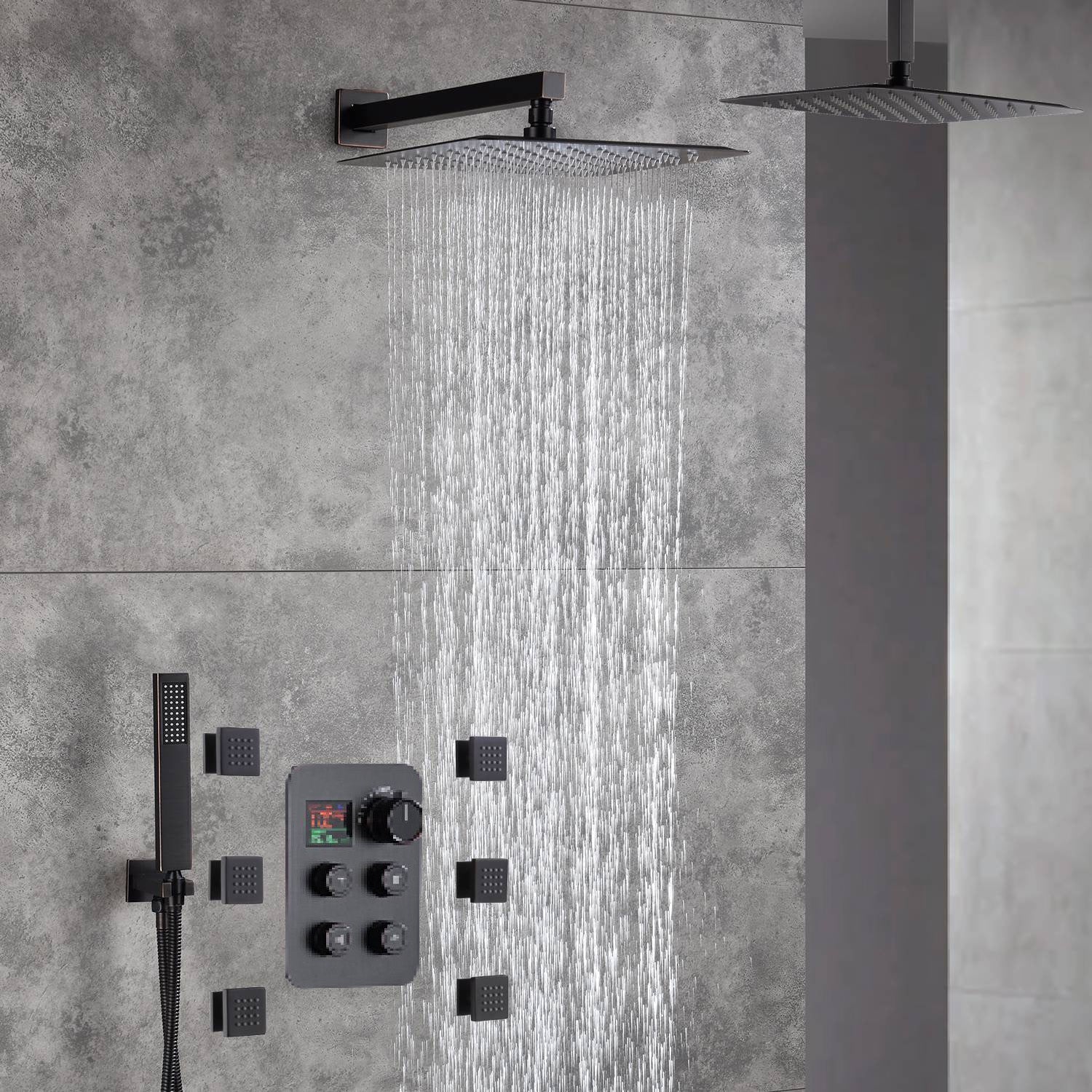 12-Inch Or 16 inch Non-LED Oil Rubbed Bronze (ORB) Ceiling-Mounted 4-Way Thermostatic Valve with Wall-Mounted 12-Inch Rain Head, Body Jets, and Dual Functionality