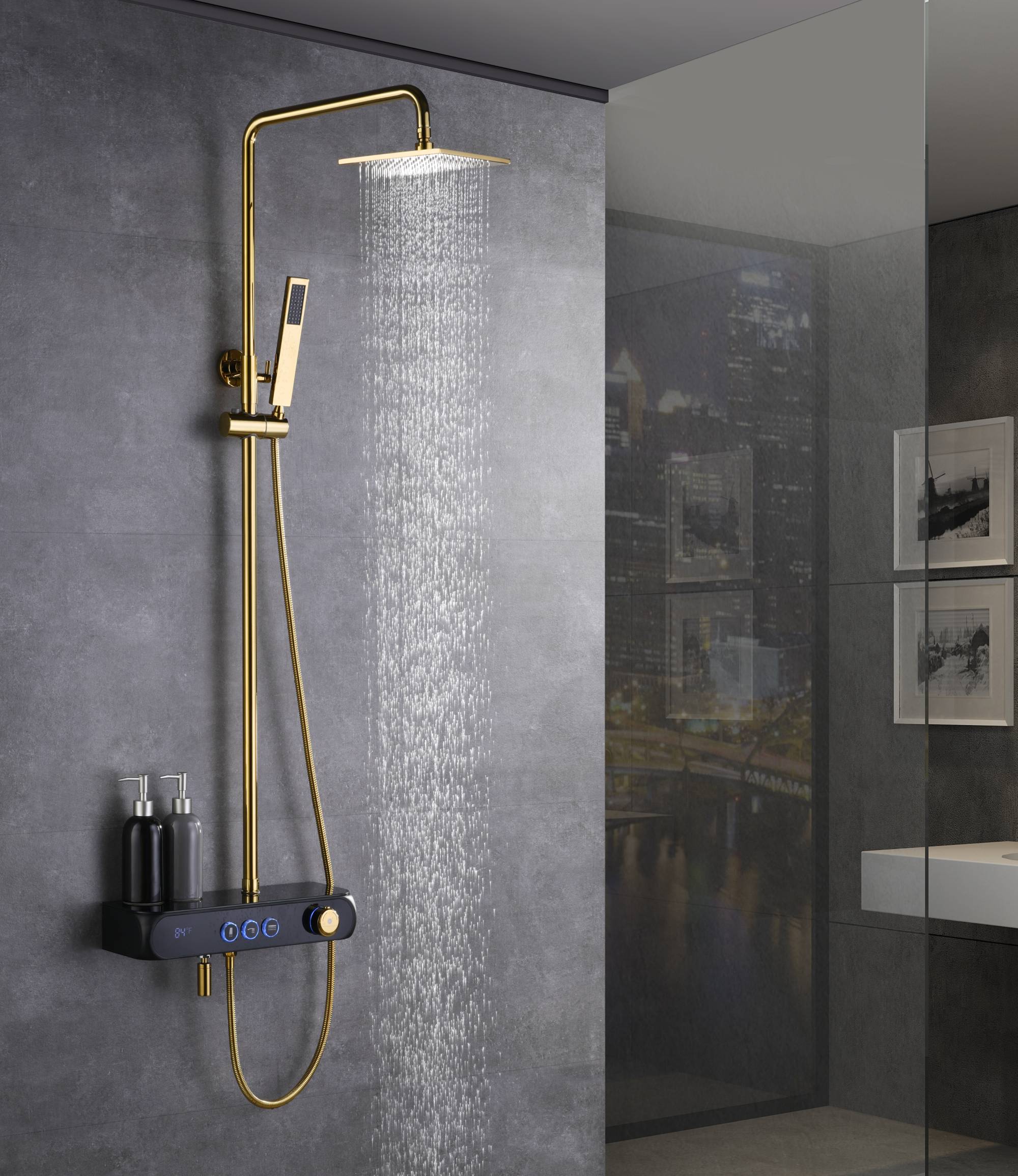 Gold Thermostatic Shower Set with Digital Display, Hand Shower, Tub Spout - 3 Functions
