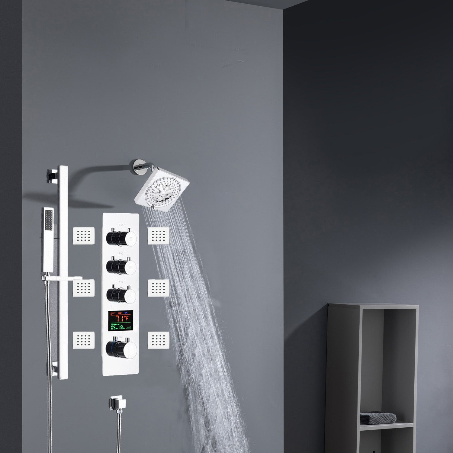 Chrome 12inch LED light or 6 inch regular head Wall mount 3 way thermostatic shower faucet with 6 body jets and sliding bar