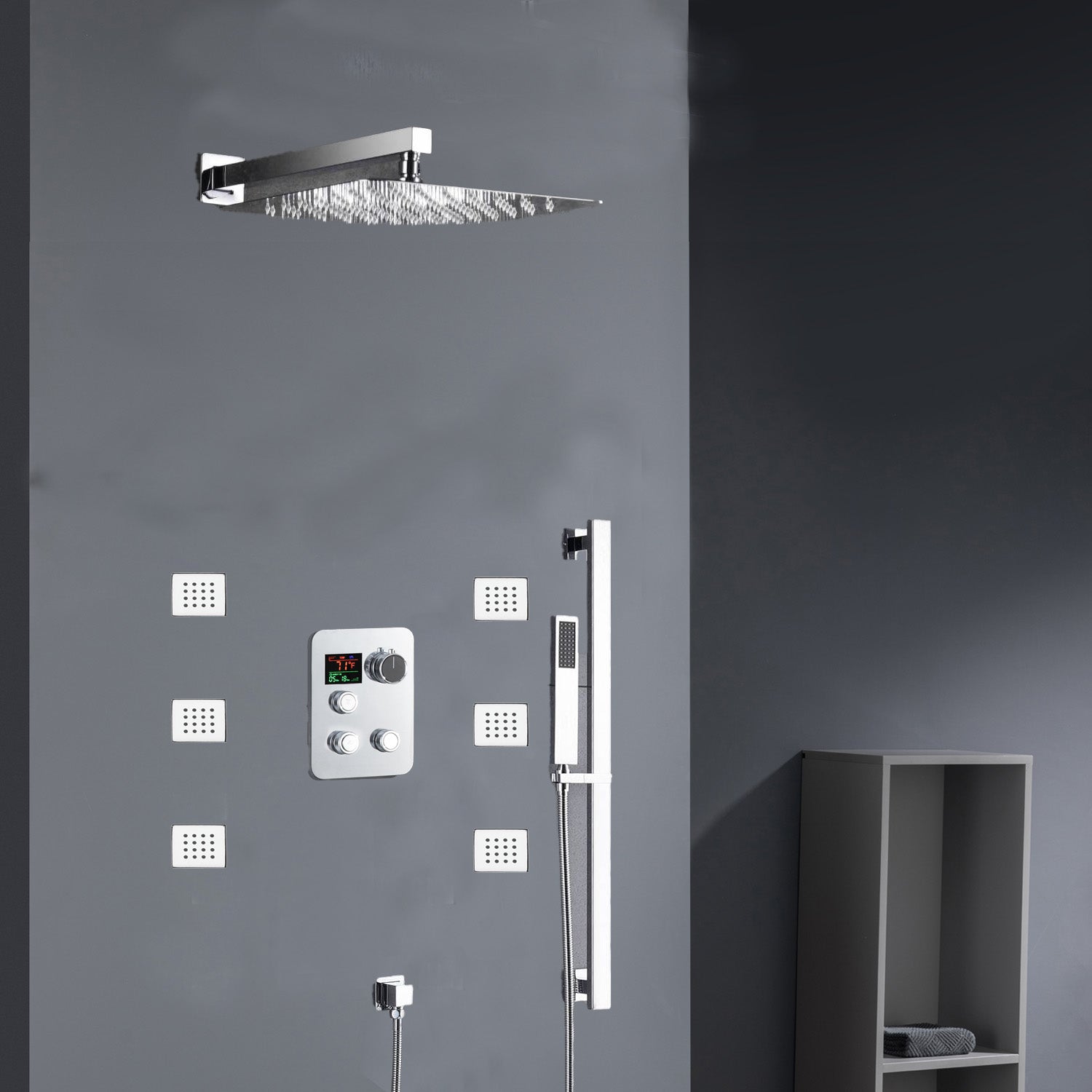 Chrome 12inch LED light or 6 inch regular head Wall mount 3 way thermostatic shower faucet with 6 body jets and sliding bar