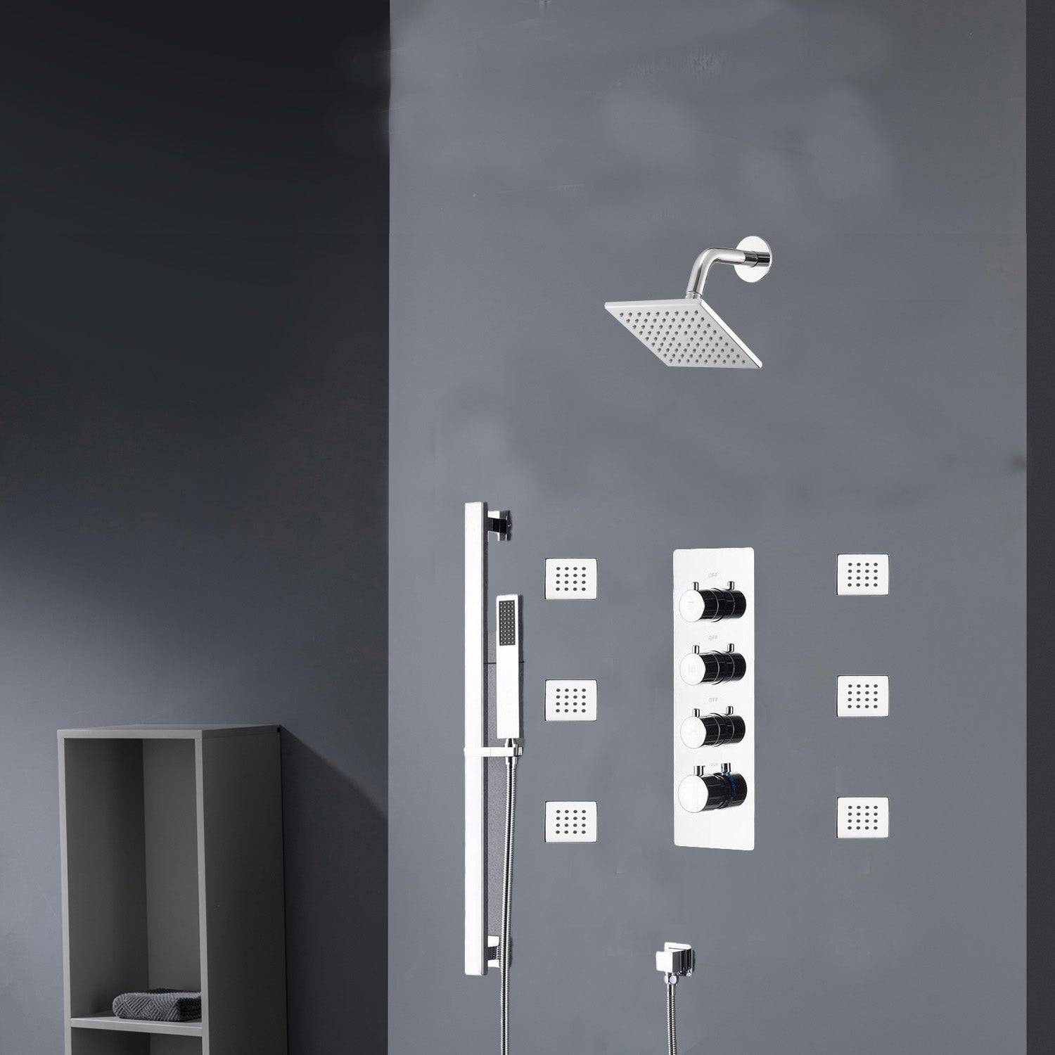 Chrome 12inch LED light or 6 inch regular head Wall mount 3 way thermostatic shower faucet with 6 body jets and sliding bar