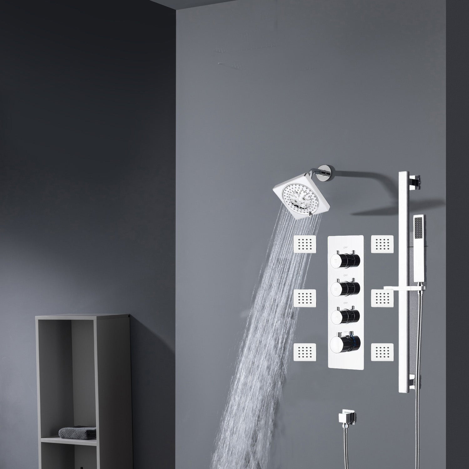 Chrome 12inch LED light or 6 inch regular head Wall mount 3 way thermostatic shower faucet with 6 body jets and sliding bar