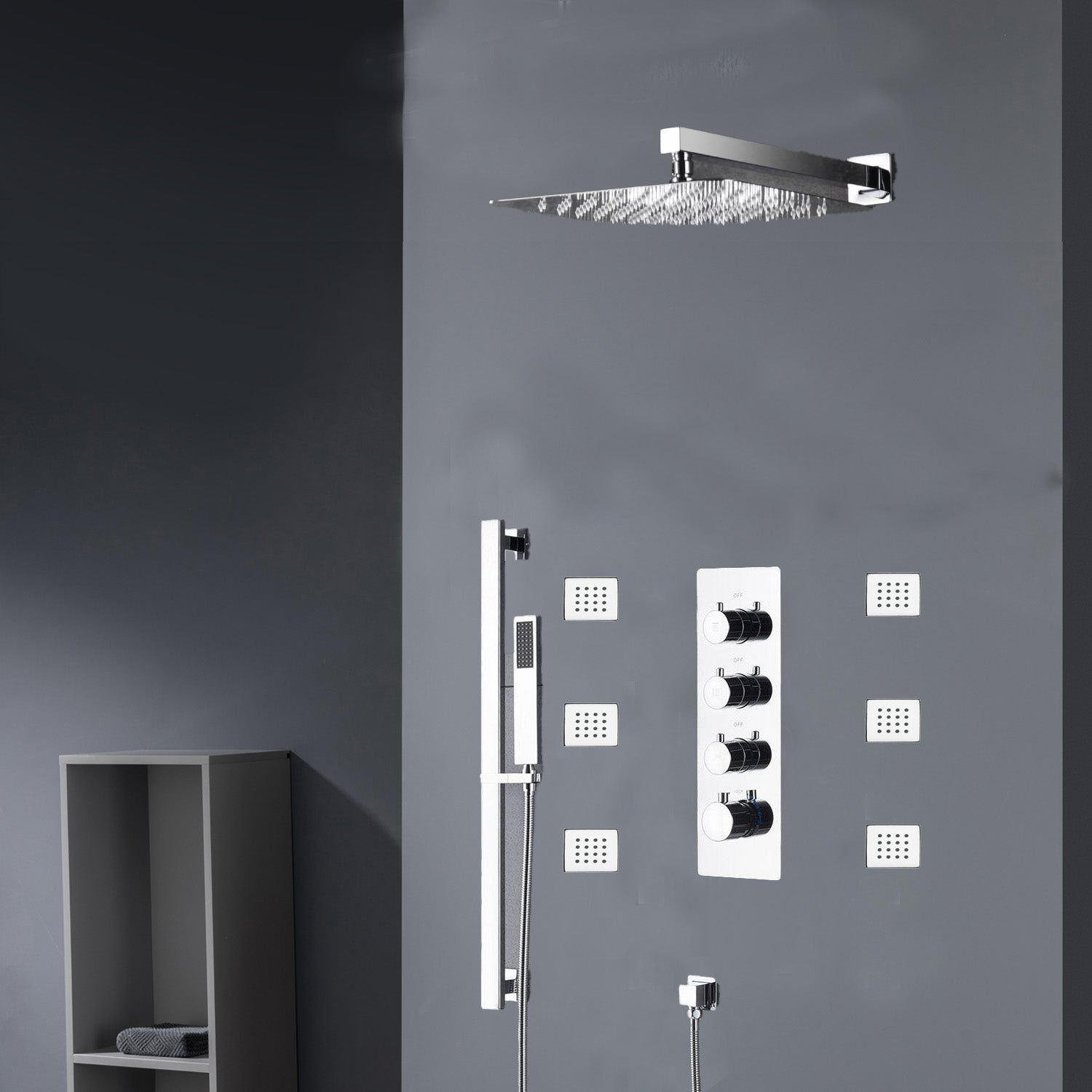 Chrome 12inch LED light or 6 inch regular head Wall mount 3 way thermostatic shower faucet with 6 body jets and sliding bar