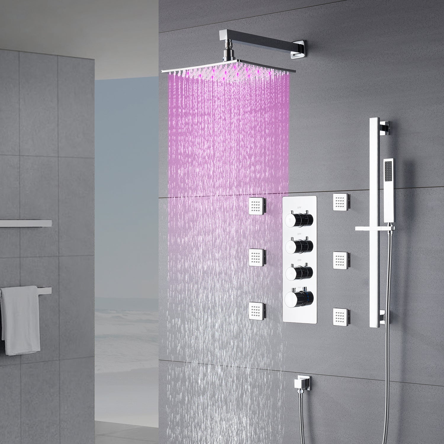 Chrome 12inch LED light or 6 inch regular head Wall mount 3 way thermostatic shower faucet with 6 body jets and sliding bar
