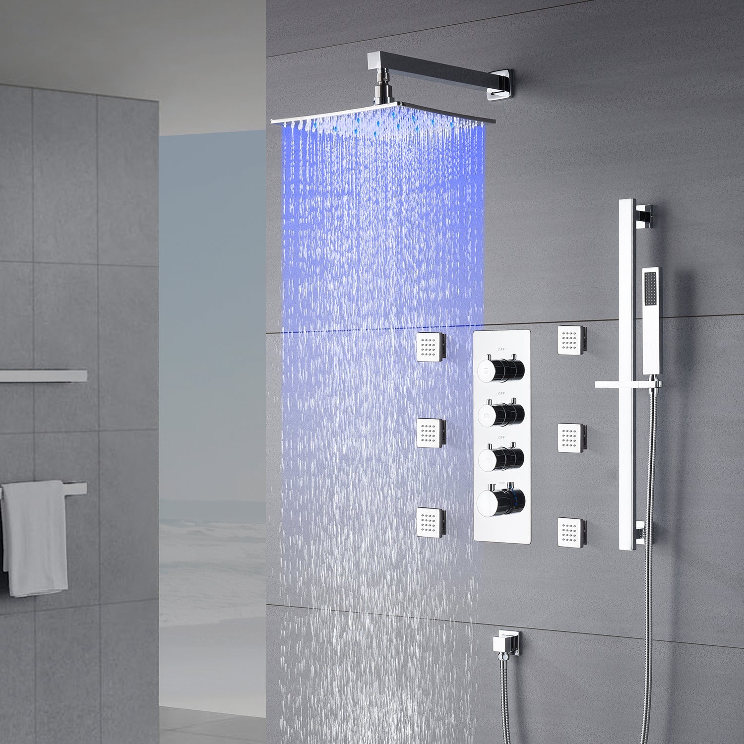 Chrome 12inch LED light or 6 inch regular head Wall mount 3 way thermostatic shower faucet with 6 body jets and sliding bar