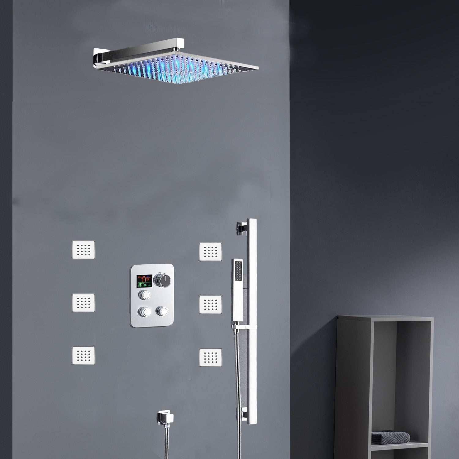 Chrome 12inch LED light or 6 inch regular head Wall mount 3 way thermostatic shower faucet with 6 body jets and sliding bar