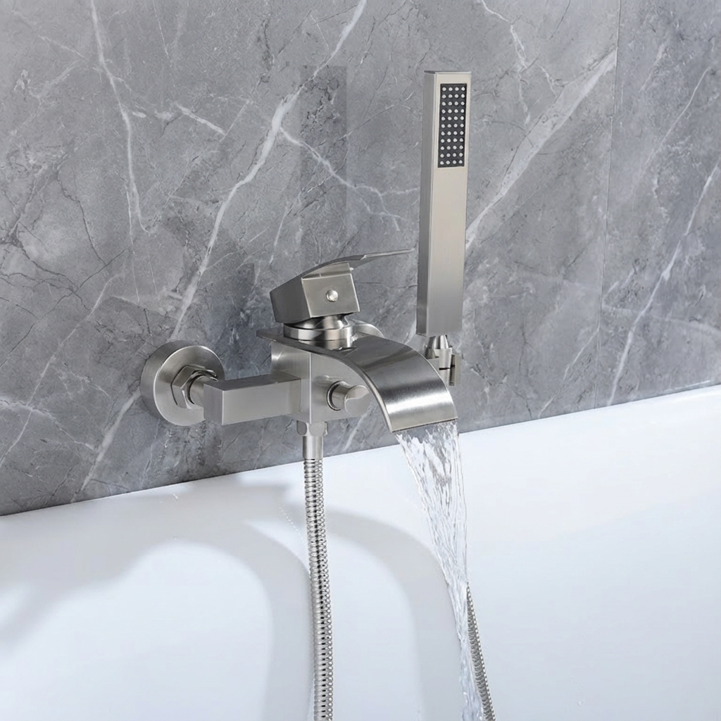 Brushed Nickel Waterfall Wall-Mount Bath Tub Filler Faucet: Complete with Handheld Shower for a Luxurious Bathing Experience