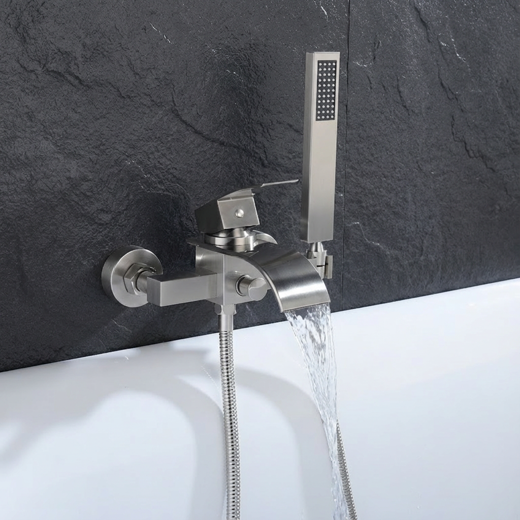 Brushed Nickel Waterfall Wall-Mount Bath Tub Filler Faucet: Complete with Handheld Shower for a Luxurious Bathing Experience