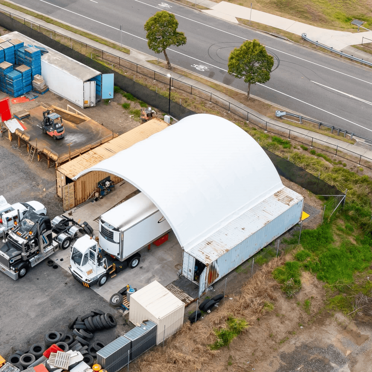 40x40x13 ft Container Shelter with Closed Back Panel