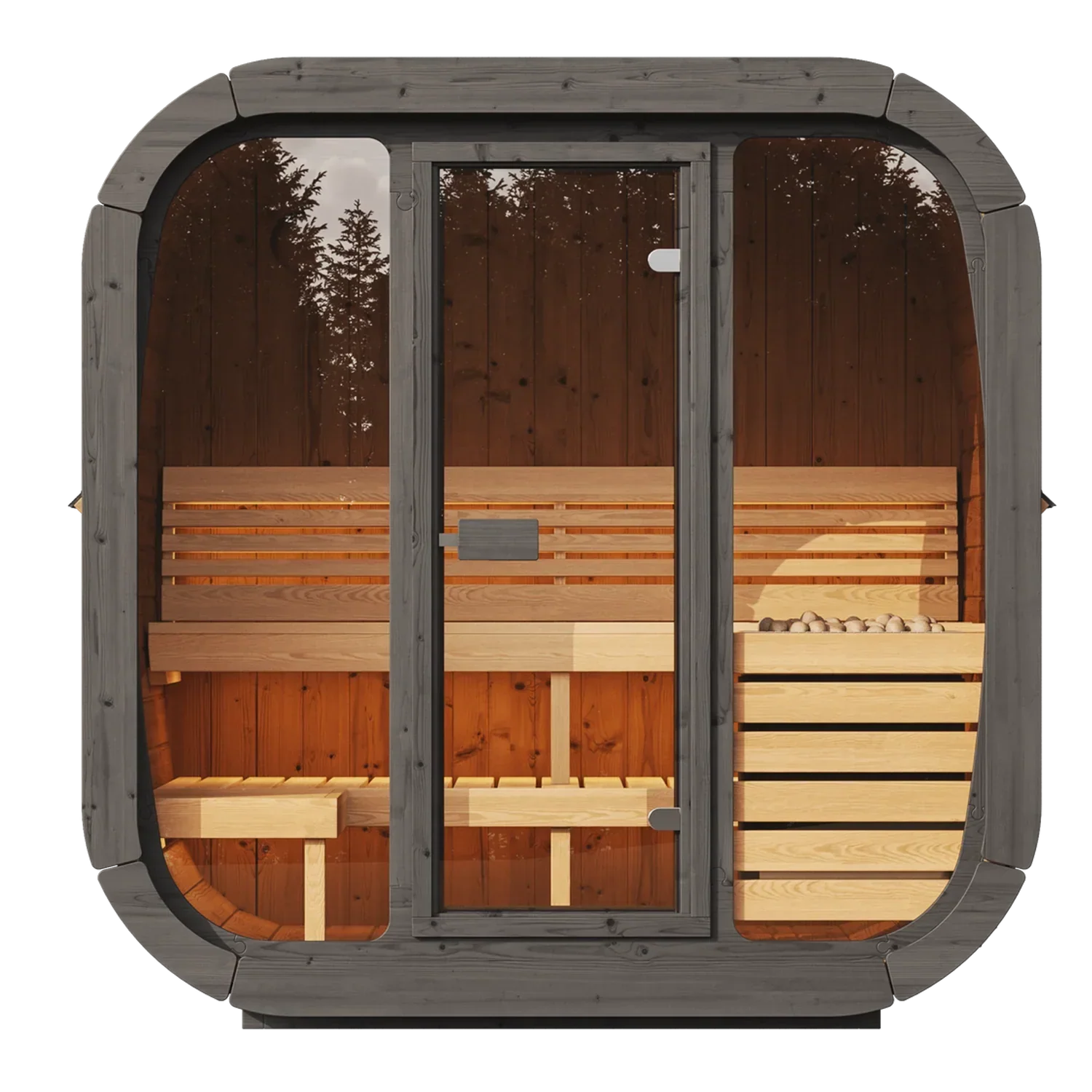 SaunaLife CL5G tempered bronze glass front wall and door with square wood handle flooding interior with natural light